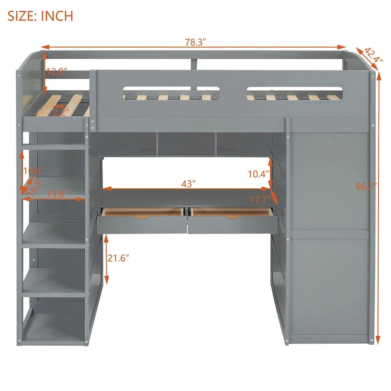 Twin Size Loft Bed with Desk, Wardrobes, 4 Drawers and 4 Shelves