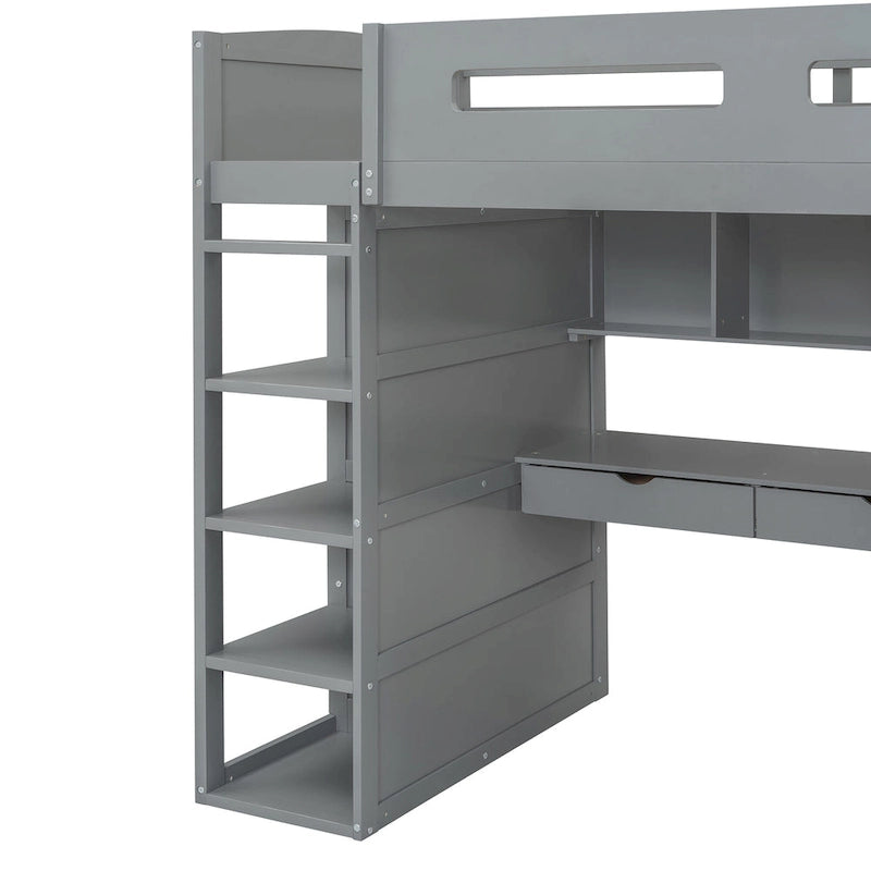 Twin Size Loft Bed with Desk, Wardrobes, 4 Drawers and 4 Shelves
