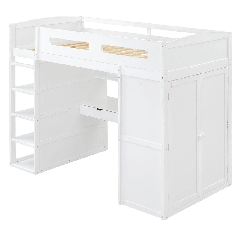 Twin Size Loft Bed with Desk, Wardrobes, 4 Drawers and 4 Shelves