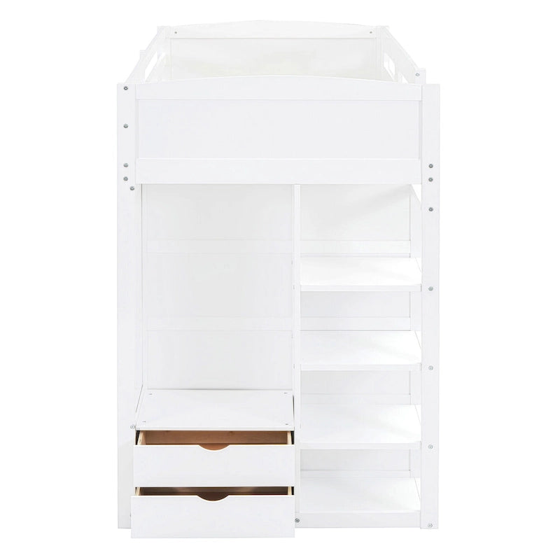 Twin Size Loft Bed with Desk, Wardrobes, 4 Drawers and 4 Shelves