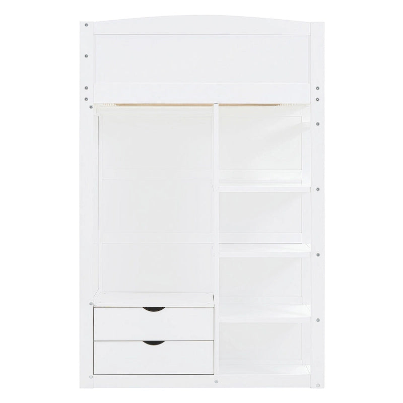 Twin Size Loft Bed with Desk, Wardrobes, 4 Drawers and 4 Shelves