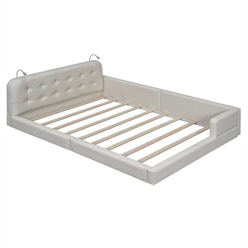 Queen Size Upholstered Bed Frame with 2 Reading Lights, PU Leather Platform Bed with Button Tufted Headboard for Bedroom
