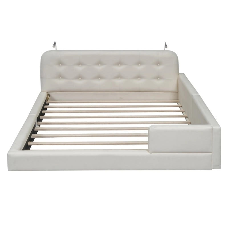 Queen Size Upholstered Bed Frame with 2 Reading Lights, PU Leather Platform Bed with Button Tufted Headboard for Bedroom
