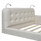 Queen Size Upholstered Bed Frame with 2 Reading Lights, PU Leather Platform Bed with Button Tufted Headboard for Bedroom