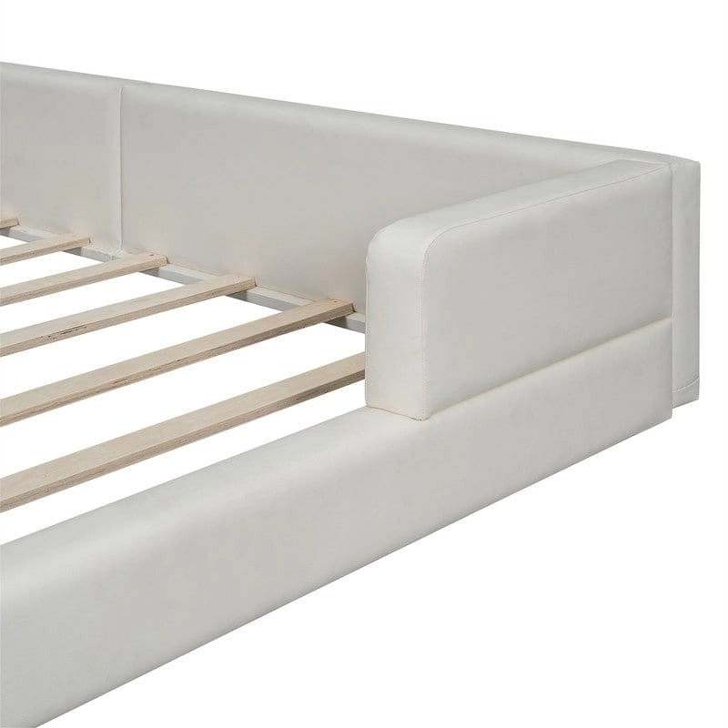 Queen Size Upholstered Bed Frame with 2 Reading Lights, PU Leather Platform Bed with Button Tufted Headboard for Bedroom