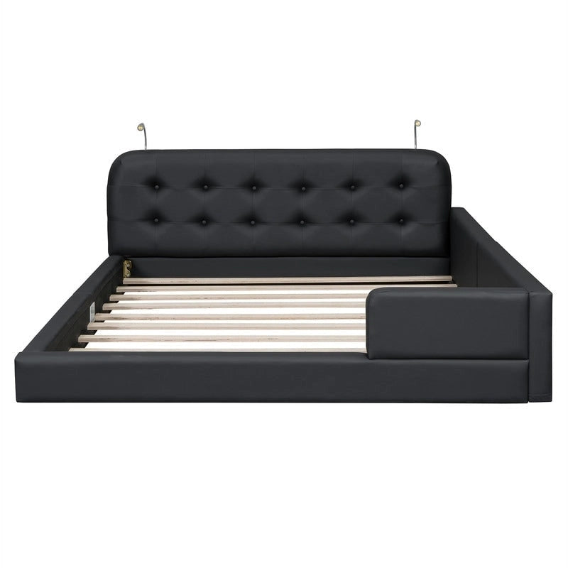 Queen Size Upholstered Bed Frame with 2 Reading Lights, PU Leather Platform Bed with Button Tufted Headboard for Bedroom