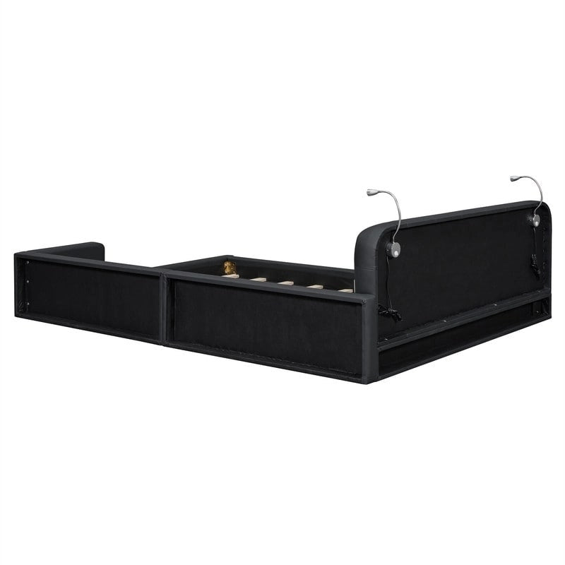 Queen Size Upholstered Bed Frame with 2 Reading Lights, PU Leather Platform Bed with Button Tufted Headboard for Bedroom