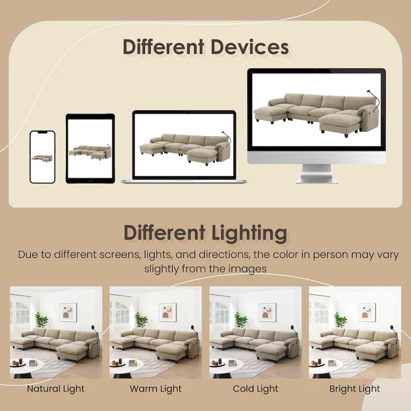 140 Chenille U-Shaped Modular Sectional Sofa with 31.5 Wide Seats, USB/Type-C Chargers & Storage Pockets