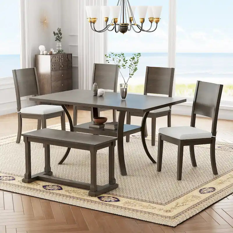 6 Pcs Dining Table Set with Storage Shelf and Curved Legs, Kitchen Furniture Dining Table Set with Bench and 4 Dining Chairs