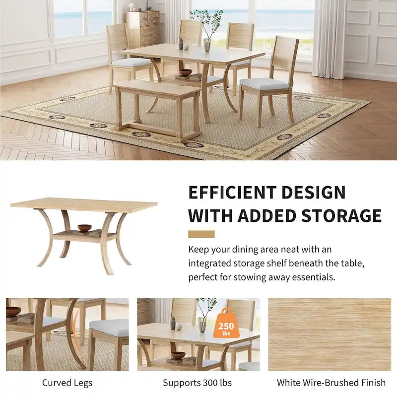 6 Pcs Dining Table Set with Storage Shelf and Curved Legs, Kitchen Furniture Dining Table Set with Bench and 4 Dining Chairs