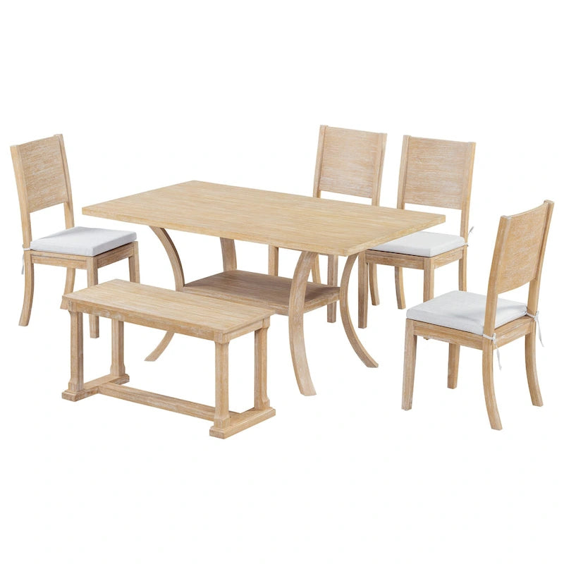 6 Pcs Dining Table Set with Storage Shelf and Curved Legs, Kitchen Furniture Dining Table Set with Bench and 4 Dining Chairs