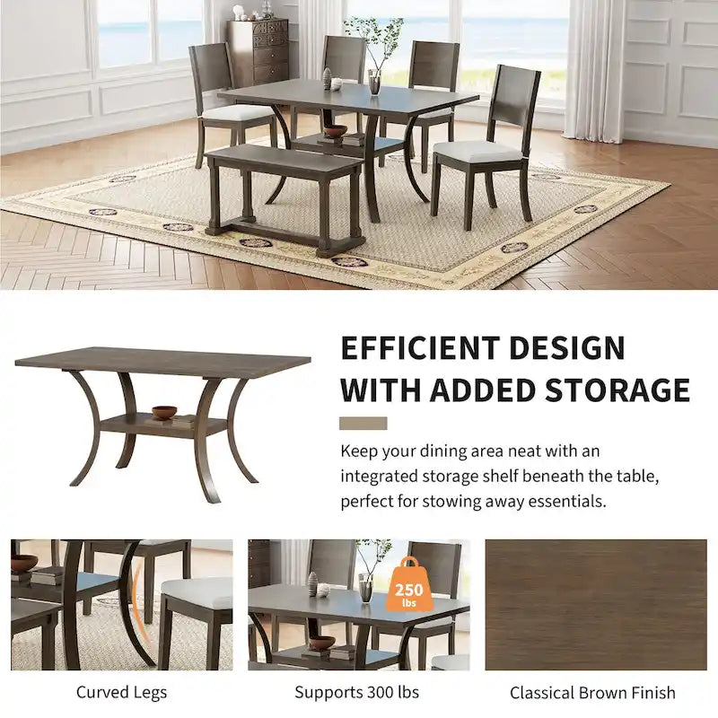 6 Pcs Dining Table Set with Storage Shelf and Curved Legs, Kitchen Furniture Dining Table Set with Bench and 4 Dining Chairs