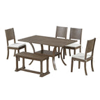 6 Pcs Dining Table Set with Storage Shelf and Curved Legs, Kitchen Furniture Dining Table Set with Bench and 4 Dining Chairs