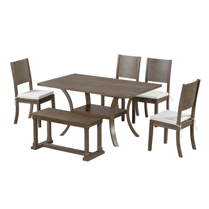 6 Pcs Dining Table Set with Storage Shelf and Curved Legs, Kitchen Furniture Dining Table Set with Bench and 4 Dining Chairs