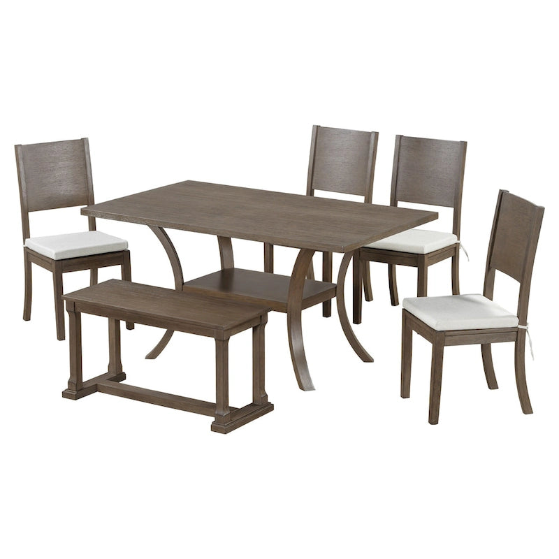 6 Pcs Dining Table Set with Storage Shelf and Curved Legs, Kitchen Furniture Dining Table Set with Bench and 4 Dining Chairs