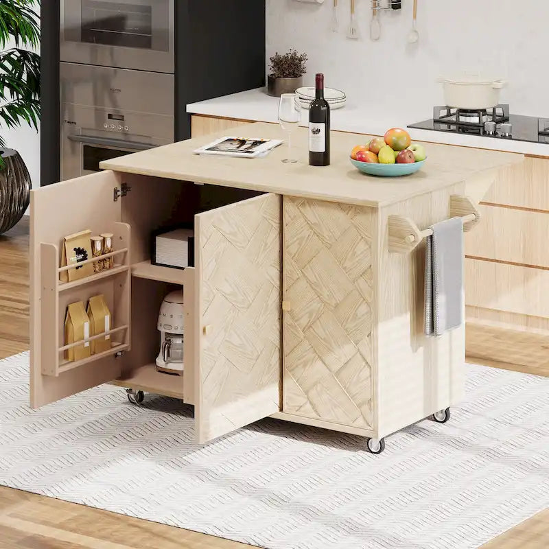 51.2W Ash Veneer Solid Wood Handwoven Kitchen Island With Drop Leaf(no include stool)