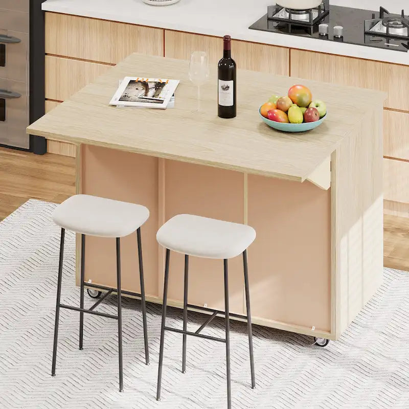 51.2W Ash Veneer Solid Wood Handwoven Kitchen Island With Drop Leaf(no include stool)