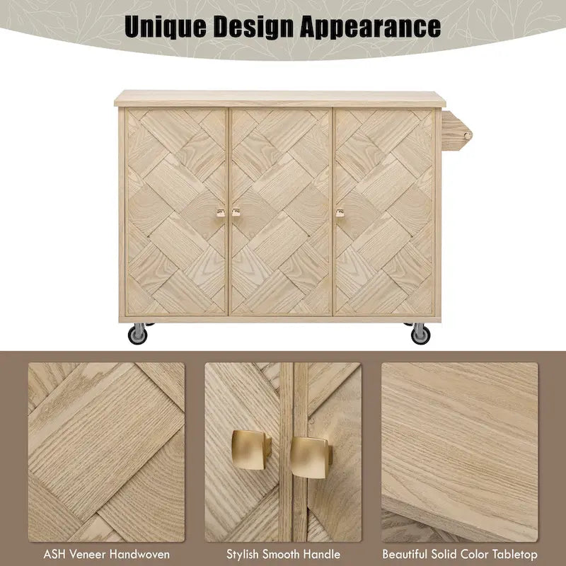 51.2W Ash Veneer Solid Wood Handwoven Kitchen Island With Drop Leaf(no include stool)