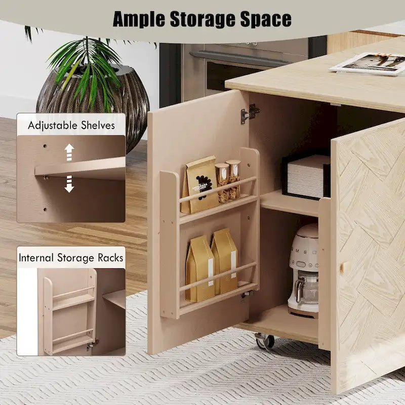 51.2W Ash Veneer Solid Wood Handwoven Kitchen Island With Drop Leaf(no include stool)