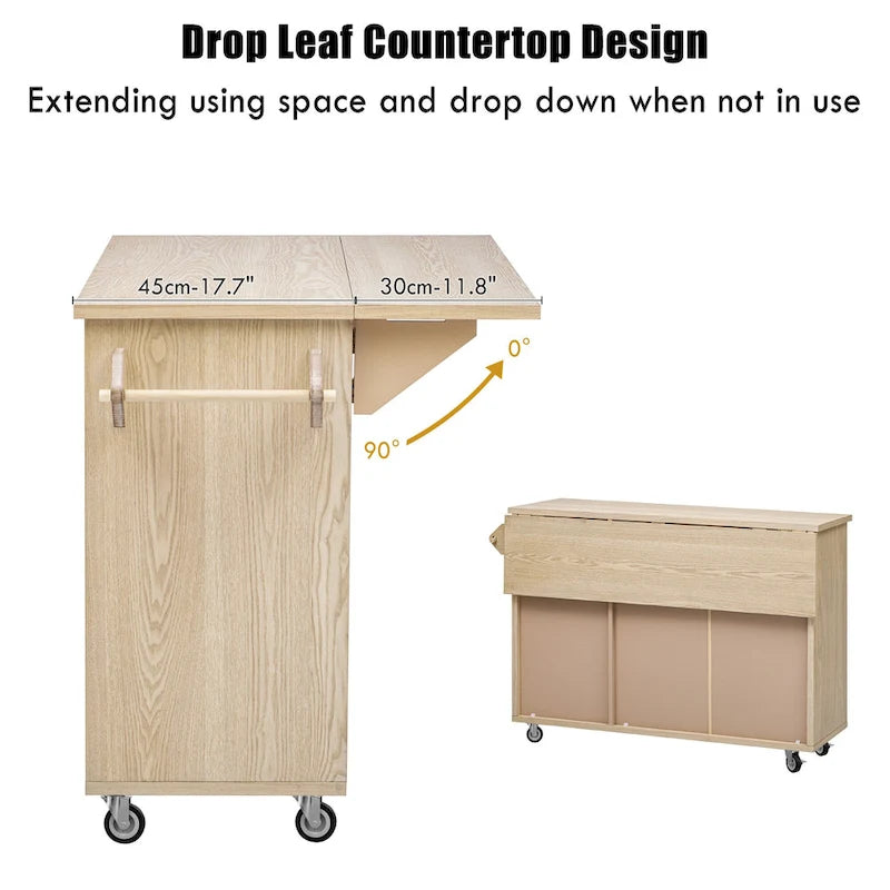 51.2W Ash Veneer Solid Wood Handwoven Kitchen Island With Drop Leaf(no include stool)