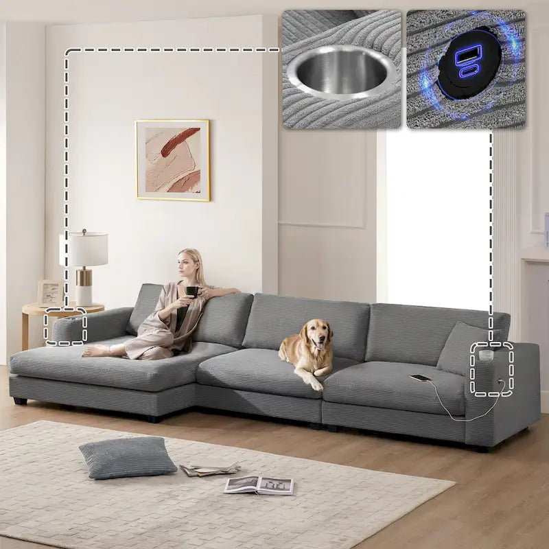 L Shaped Cloud Couch Corduroy Sectional Sofa w/USB, Chaise, Cup Holder
