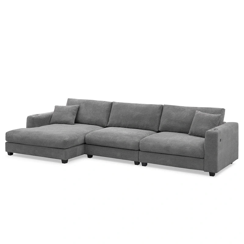 L Shaped Cloud Couch Corduroy Sectional Sofa w/USB, Chaise, Cup Holder