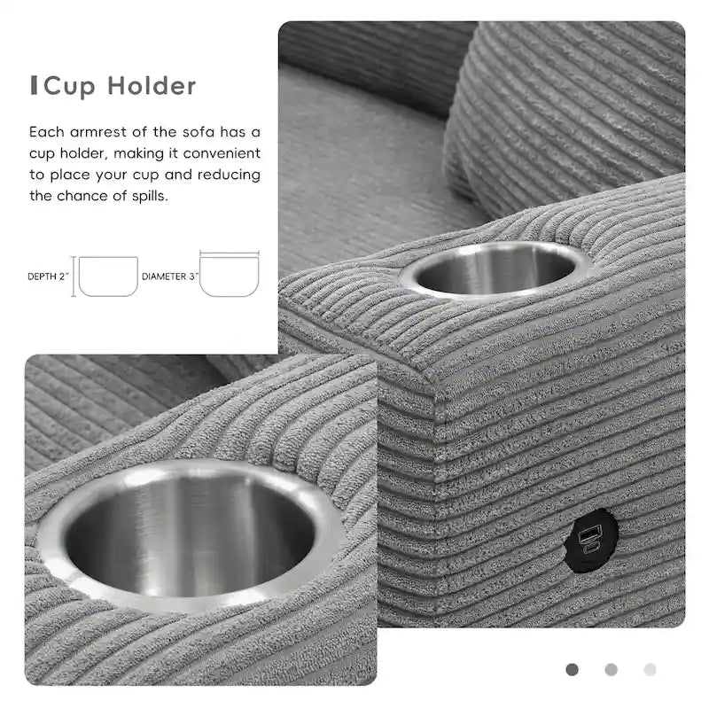 L Shaped Cloud Couch Corduroy Sectional Sofa w/USB, Chaise, Cup Holder