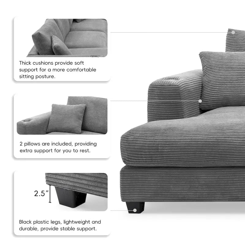 L Shaped Cloud Couch Corduroy Sectional Sofa w/USB, Chaise, Cup Holder