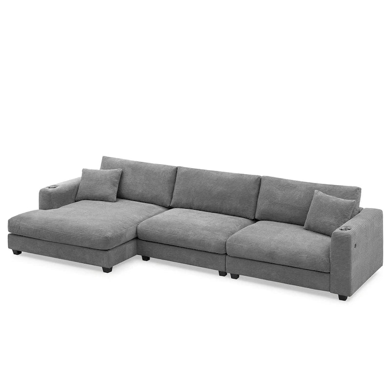 L Shaped Cloud Couch Corduroy Sectional Sofa w/USB, Chaise, Cup Holder