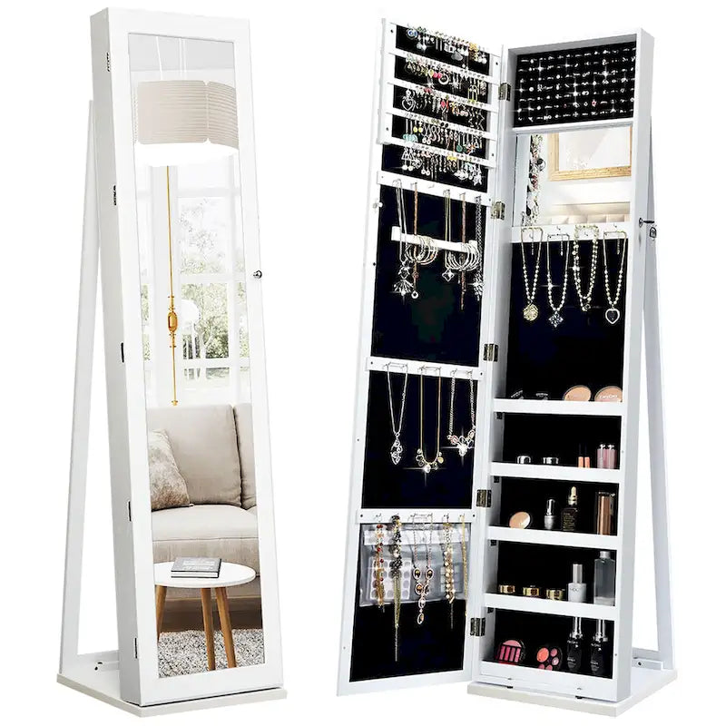  Mirrored Jewelry Cabinet Armoire Lockable Standing Storage - Black - See Details