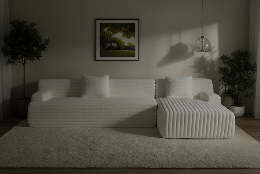 110 Faux Fur Cloud 3-Seater sat L-Shaped Sectional Sofa with Two Included Throw Pillows