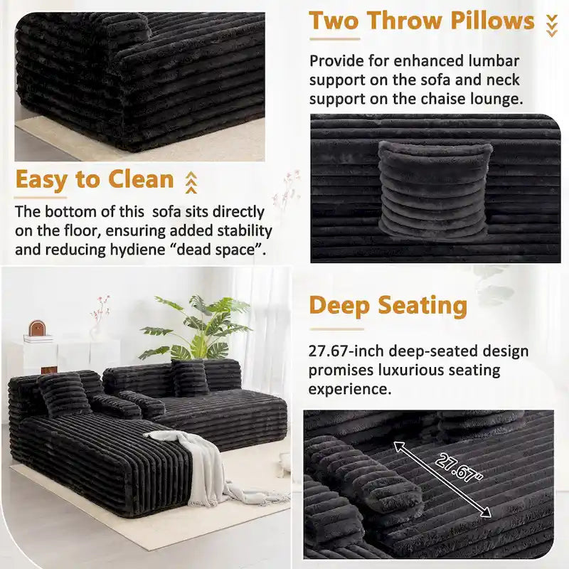 110 Faux Fur Cloud 3-Seater sat L-Shaped Sectional Sofa with Two Included Throw Pillows