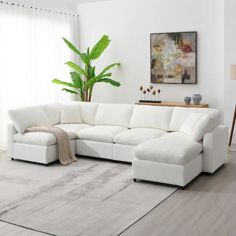 Beige 130 Chenille U-Shaped Sleeper Sectional Sofa, 6-Piece Modular Design