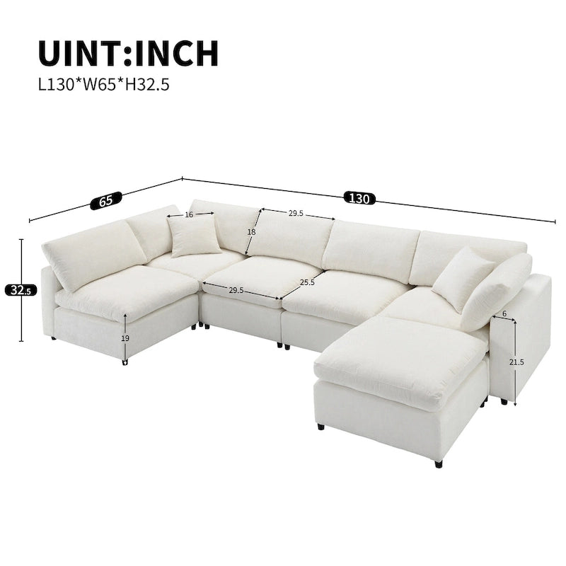 Beige 130 Chenille U-Shaped Sleeper Sectional Sofa, 6-Piece Modular Design