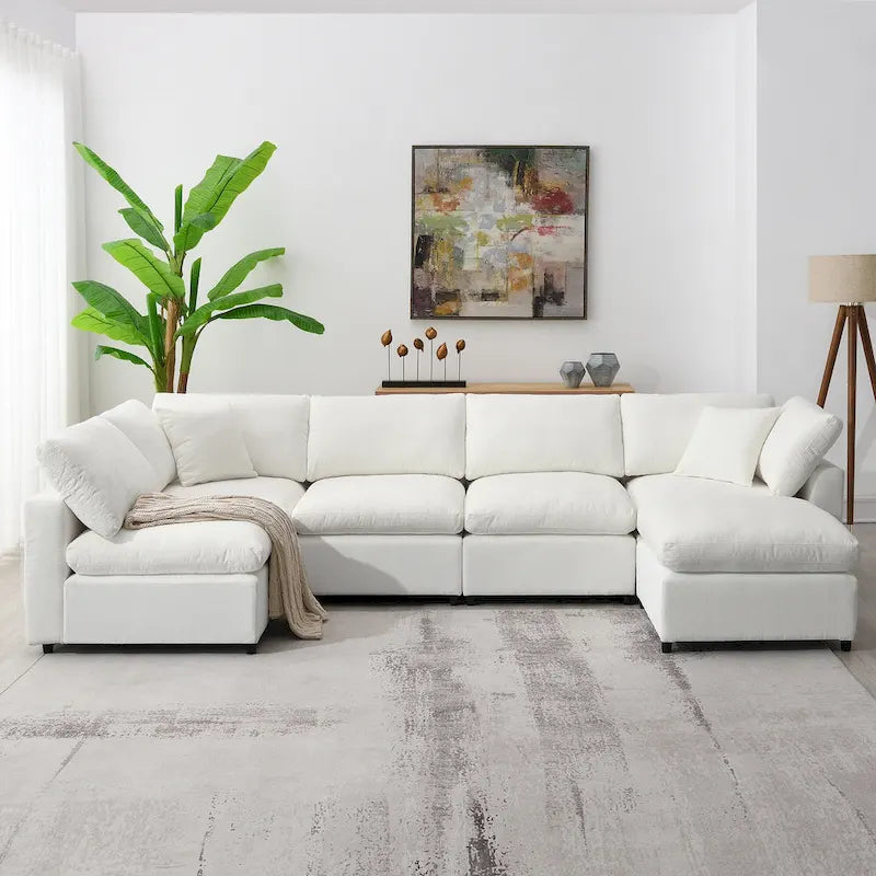 Beige 130 Chenille U-Shaped Sleeper Sectional Sofa, Modular Design