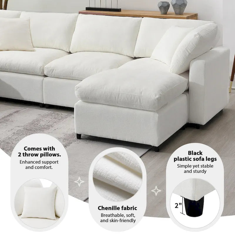 Beige 130 Chenille U-Shaped Sleeper Sectional Sofa, Modular Design