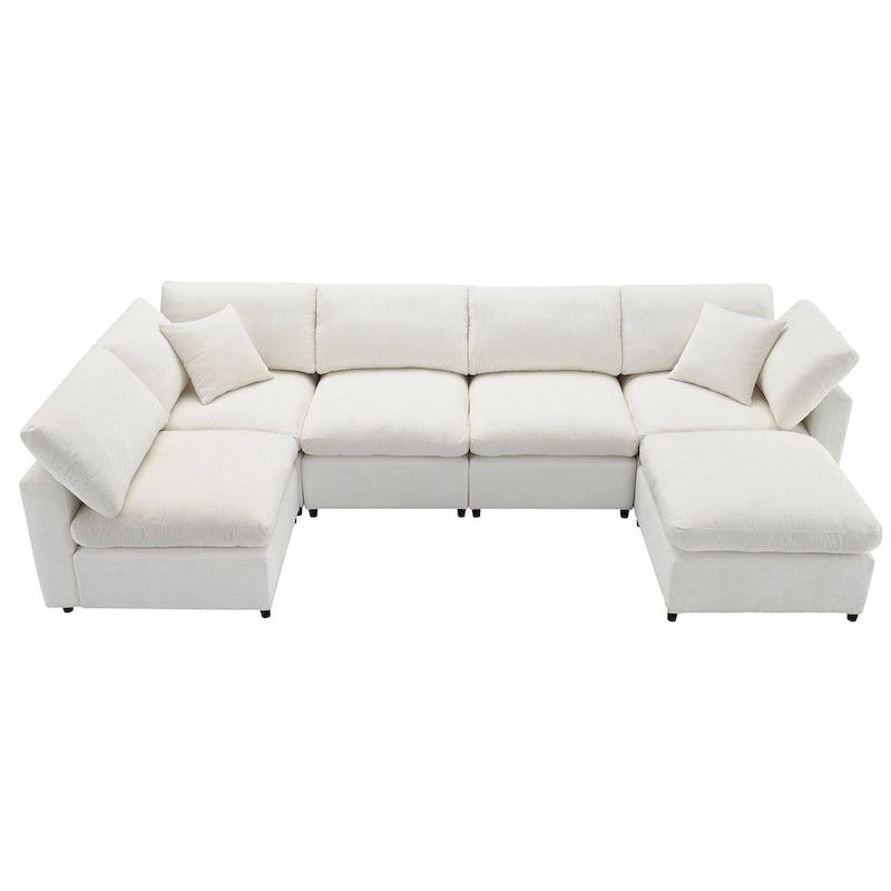 Beige 130 Chenille U-Shaped Sleeper Sectional Sofa, Modular Design