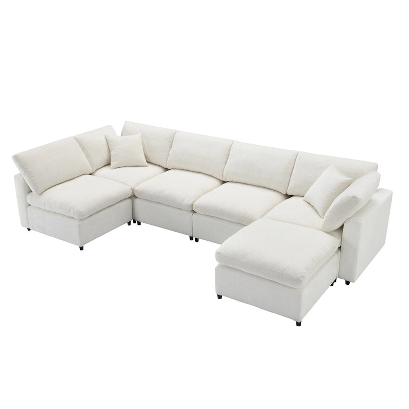 Beige 130 Chenille U-Shaped Sleeper Sectional Sofa, Modular Design