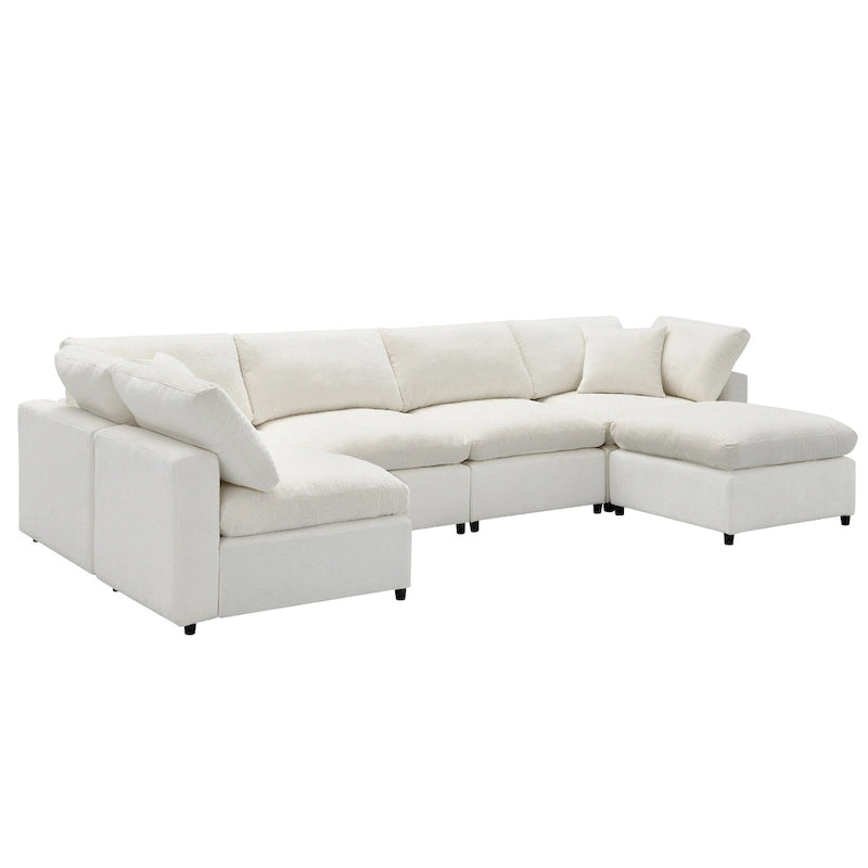 Beige 130 Chenille U-Shaped Sleeper Sectional Sofa, Modular Design
