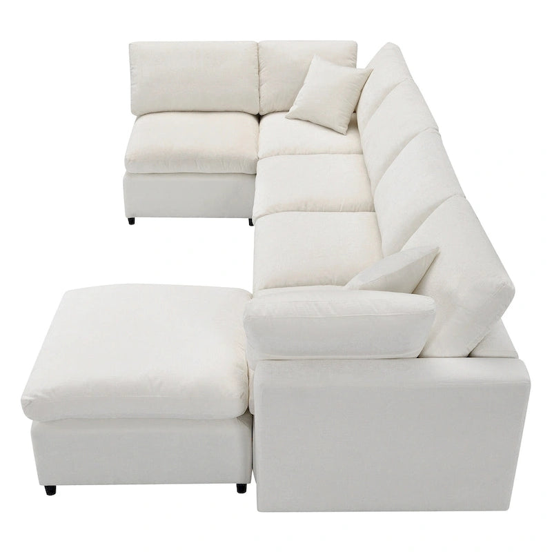 Beige 130 Chenille U-Shaped Sleeper Sectional Sofa, Modular Design