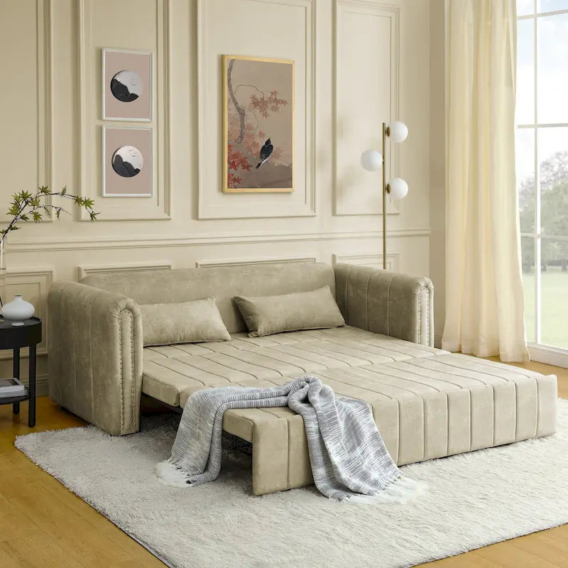 Modern 68 Foam 3 in 1 Pull-Out 3-seaters Bed Sleeper Sofa with Copper Nails and Two Drawers