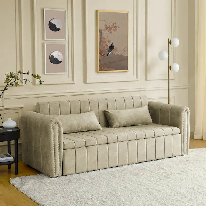 Modern 68 Foam 3 in 1 Pull-Out 3-seaters Bed Sleeper Sofa with Copper Nails and Two Drawers