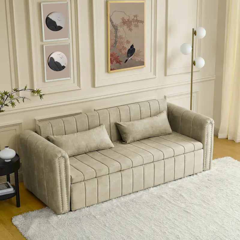 Modern 68 Foam 3 in 1 Pull-Out 3-seaters Bed Sleeper Sofa with Copper Nails and Two Drawers