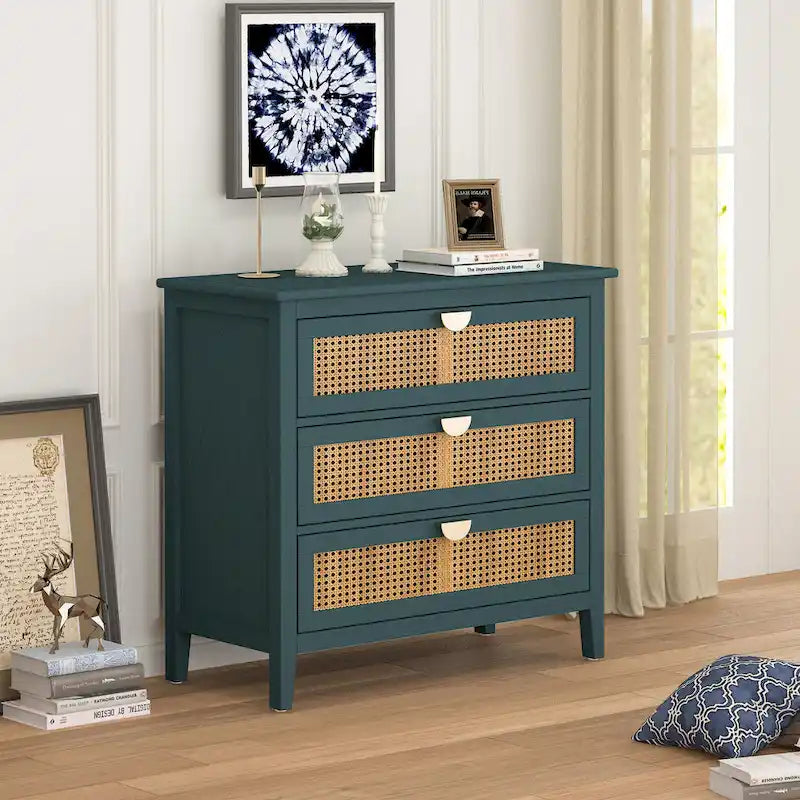 3-Drawer Bachelors Chest Cabinet with Hollow-Carved, Natural Rattan, American Furniture, Suitable for Bedroom, Living room