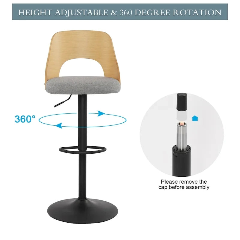 Adjustable Swivel Bar Stools Set of 2 with Fabric Upholstered Seat and Bentwood Back