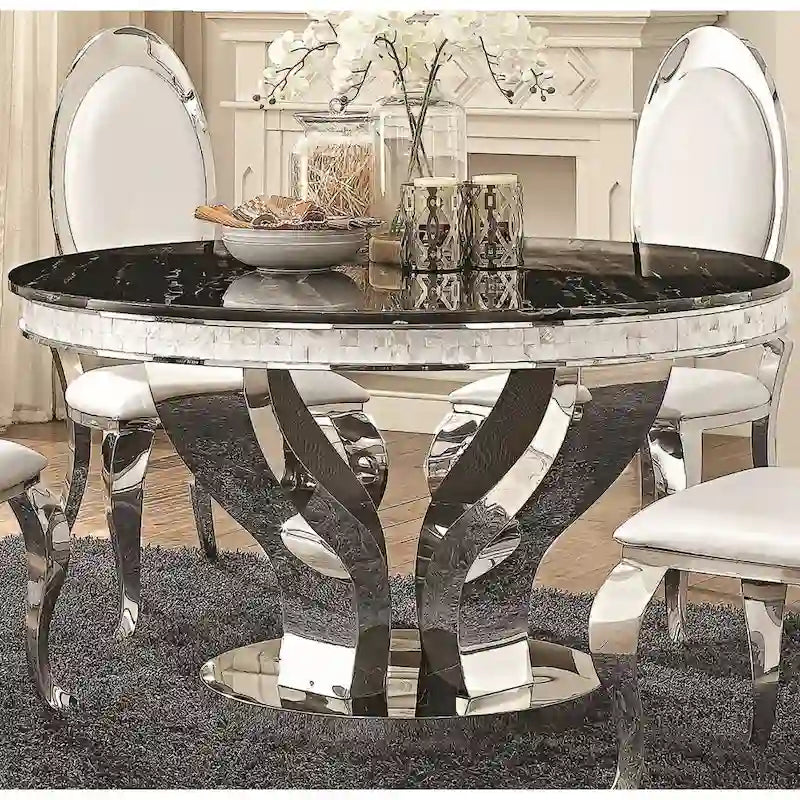 Round Marble Top Dining Table Set with Chrome Legs – Seats 4 to 6