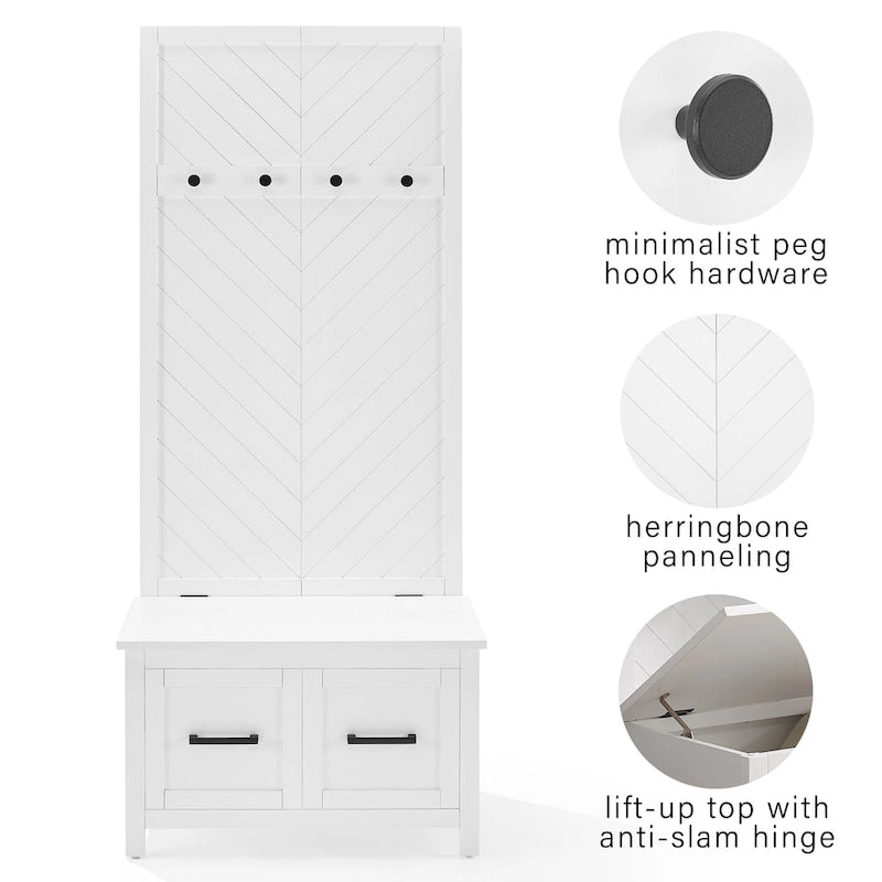 Hall Tree with Lift-Top Storage Bench & Hooks – White Herringbone, 30"W
