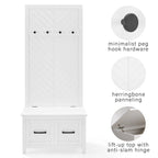 Hall Tree with Lift-Top Storage Bench & Hooks – White Herringbone, 30"W