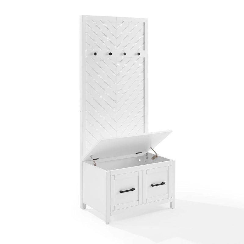 Hall Tree with Lift-Top Storage Bench & Hooks – White Herringbone, 30"W