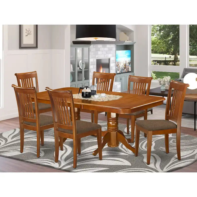  7 Piece Dining Table Set- of a Rectangle Wooden Table and 6 Dining Room Chairs, Saddle Brown (Seat Option)